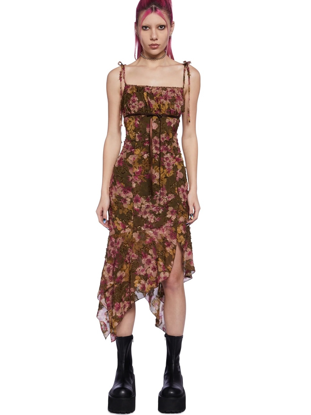 Delia’s Floral Tie-Shoulder Asymmetric Midi Dress - Olive & Pink